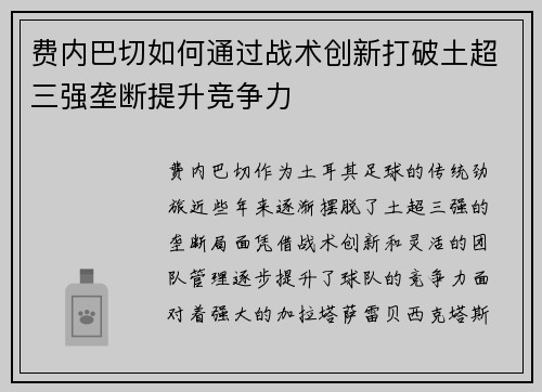 费内巴切如何通过战术创新打破土超三强垄断提升竞争力