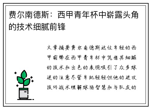 费尔南德斯:西甲青年杯中崭露头角的技术细腻前锋 费尔南德斯:西甲青年杯中崭露头角的技术细腻前锋