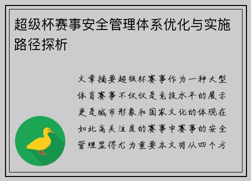 超级杯赛事安全管理体系优化与实施路径探析
