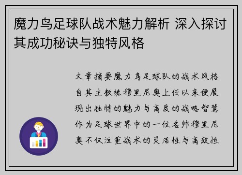 魔力鸟足球队战术魅力解析 深入探讨其成功秘诀与独特风格